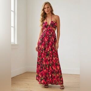 Vici Pink & Green Floral Halter Cutout Maxi Dress